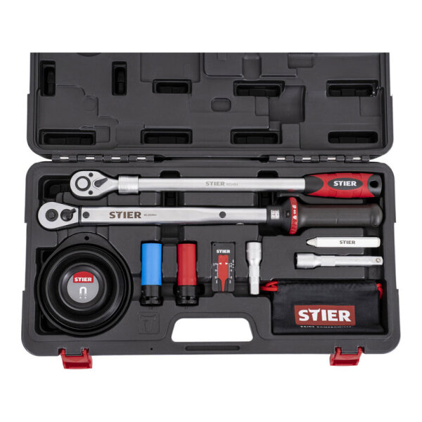 STIER Wheel Mounting Set 1/2", 11-piece, torque wrench 40-200 Nm, extensions, case, high precision