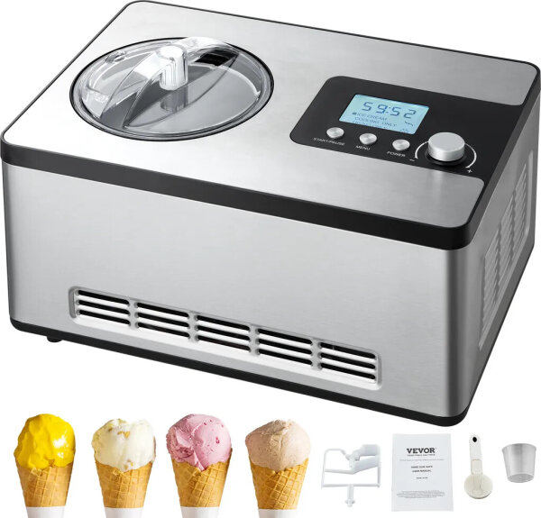 VEVOR ICE2032 Ice Cream Maker, 2L, 180W, Compressor, Frozen Yogurt & Gelato, 3 Modes, Portable, Quiet, Silver