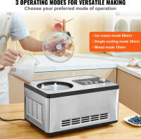 VEVOR ICE2032 Ice Cream Maker, 2L, 180W, Compressor, Frozen Yogurt & Gelato, 3 Modes, Portable, Quiet, Silver