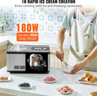 VEVOR ICE2032 Ice Cream Maker, 2L, 180W, Compressor, Frozen Yogurt & Gelato, 3 Modes, Portable, Quiet, Silver