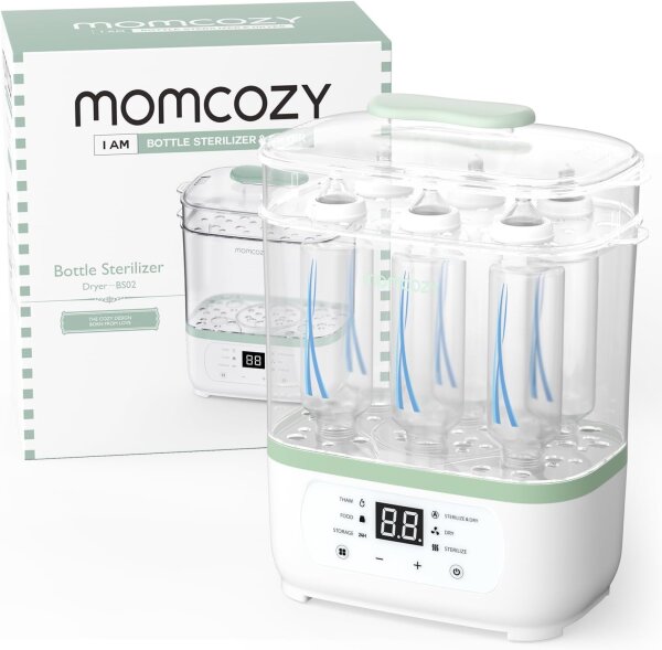 Momcozy Elektrischer Dampfsterilisator, 3-in-1, für 8 Babyflaschen, Trocknen & Erwärmen, schnelle 30 Min Trocknung, für alle Marken