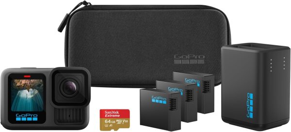 GoPro HERO13 Black Actionkamera Bundle, inkl. Dual-Ladegerät, 64GB microSD, Befestigungsclip, 2 Akkus, USB-C-Kabel