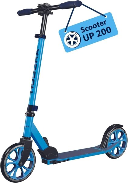 HUDORA Up 200 Scooter, up to 100 kg, foldable aluminum kick scooter, height adjustable, quiet wheels, for children & adults, blue