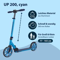 HUDORA Up 200 Scooter, up to 100 kg, foldable aluminum kick scooter, height adjustable, quiet wheels, for children & adults, blue
