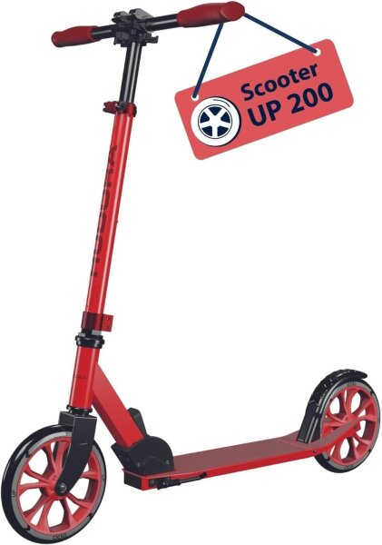 HUDORA Up 200 Scooter, aluminum, up to 100 kg, height-adjustable, foldable, red wheels, for children, teenagers & adults