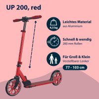 HUDORA Up 200 Scooter, aluminum, up to 100 kg, height-adjustable, foldable, red wheels, for children, teenagers & adults