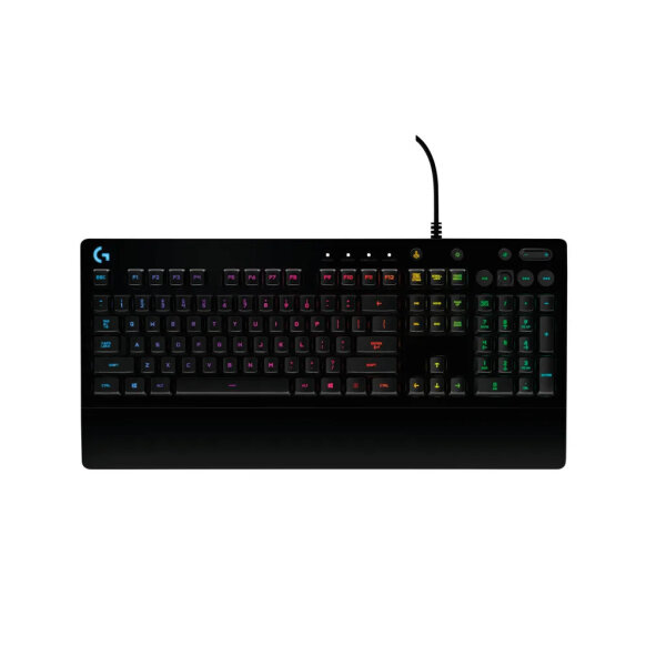 Logitech G213 Prodigy Gaming-Tastatur, QWERTY, schwarz, RGB, programmierbare Tasten, Multimedia-Steuerung, Handballenauflage, spritzwassergeschützt