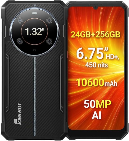 FOSSIBOT F109S Smartphone, 256GB, 6GB RAM, 10600mAh, 6,75" HD+ IPS, 1,32" Rückdisplay, IP68, Octa-Core, 4G, Dual-SIM, 50MP Kamera, NFC, Blau