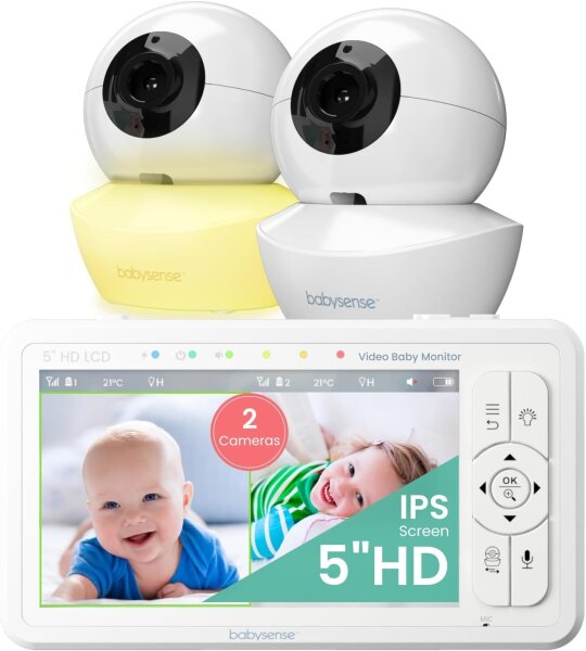 Babysense HD Babyphone 5" mit 2 Kameras, Video-Babyfon, Nachtsicht, Schlaflieder, 300m Reichweite, Gegensprechfunktion, Zoom, 4000mAh Akku