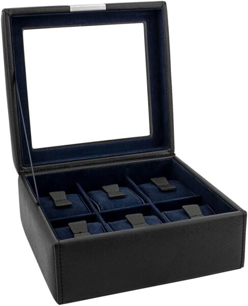 Friedrich23 Uhrenbox 20114-2, Glasdeckel, 6 Uhren, Schwarz, Feinsynthetik, elegantes Design