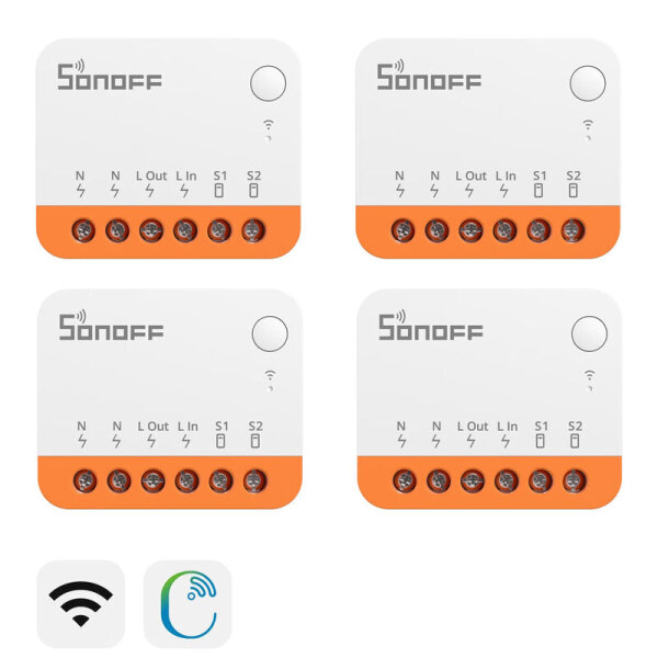 SONOFF MINIR4, 4er-Set, WLAN-Smart-Schalter, Mini-Format, App-Steuerung, Sprachassistent-kompatibel, einfache Installation