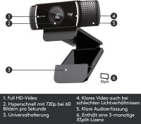 Logitech C922 PRO Webcam, Full HD 1080p, Autofocus, 78° field of view, USB, H.264, incl. tripod