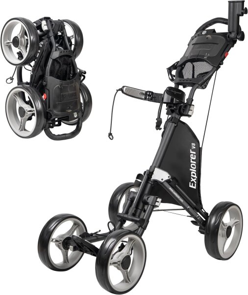 CaddyTek Explorer V8 SuperLite Deluxe Golf Trolley, 4-Wheel, Version 8, Foldable, Height-Adjustable Handle, CP-XR-8DG