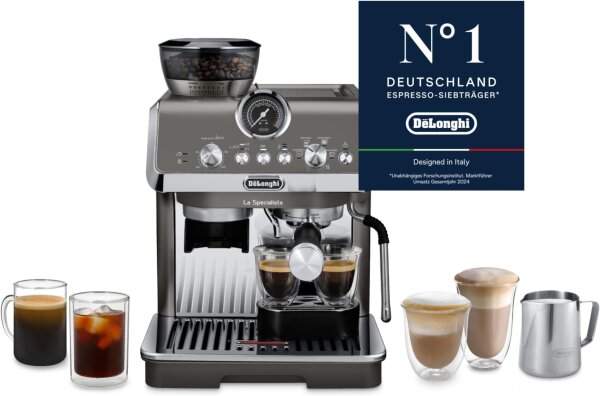DeLonghi EC 9255.T Espressomaschine, integriertes Mahlwerk, Barista-Set, Cold-Brew, 8 Mahlgrade, 1550W, 15 bar, 3 Temperaturen, Titan