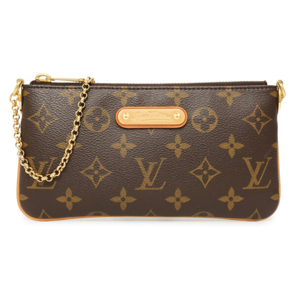 Louis Vuitton Pochette Milla MM Clutch, brown/gold, coated canvas, 8x4.25x1 inches, monogram, elegant handbag