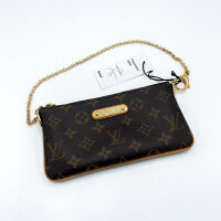 Louis Vuitton Pochette Milla MM Clutch, brown/gold, coated canvas, 8x4.25x1 inches, monogram, elegant handbag