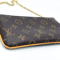Louis Vuitton Pochette Milla MM Clutch, brown/gold, coated canvas, 8x4.25x1 inches, monogram, elegant handbag