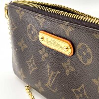Louis Vuitton Pochette Milla MM Clutch, brown/gold, coated canvas, 8x4.25x1 inches, monogram, elegant handbag