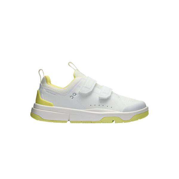 On The Roger Kids Sneaker, EU 32, weiß mit Limelight-Details, sportlicher Kinderschuh, leicht, atmungsaktiv