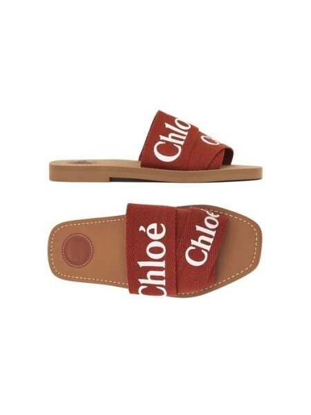 Chloe Woody Damen Pantoletten, Leinen, Größe 38W, terrakottarot, rutschfeste Sohle, Logo-Riemen