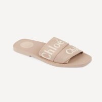 Chloe Woody mules, model CHC23U188EF6K0, size 38W, linen, powder color, flat sole, logo strap