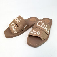 Chloe Woody mules, model CHC23U188EF6K0, size 38W, linen, powder color, flat sole, logo strap