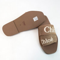 Chloe Woody mules, model CHC23U188EF6K0, size 38W, linen, powder color, flat sole, logo strap