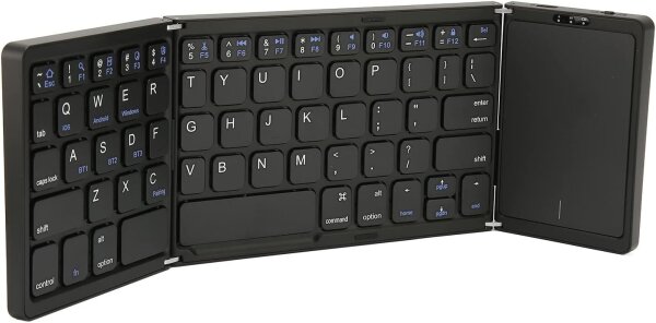 Faltbare Bluetooth-Tastatur QWERTY, dreifach faltbar, Full-Size mit Touchpad, USB-C, kabellos, ultradünn, Schwarz, für Tablet/PC
