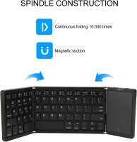 Faltbare Bluetooth-Tastatur QWERTY, dreifach faltbar, Full-Size mit Touchpad, USB-C, kabellos, ultradünn, Schwarz, für Tablet/PC