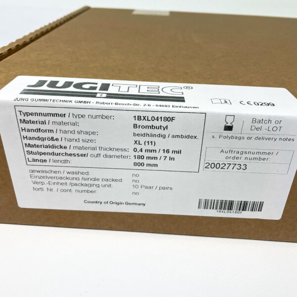 JUGITEC 1BXL04180F Chemical Protective Gloves, Bromobutyl, Size XL 11, 800mm, Ambidextrous, 10 Pairs