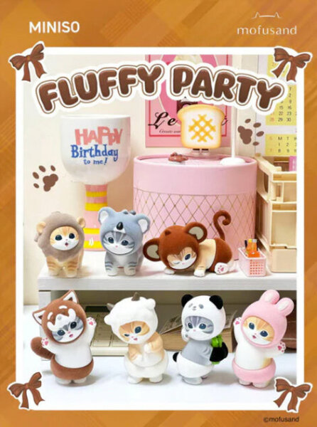 Miniso Mofusand Fluffy Party Figuren-Set, 6er Pack, Roter Panda, 3–4 Zoll, Vinyl, Sammelfiguren