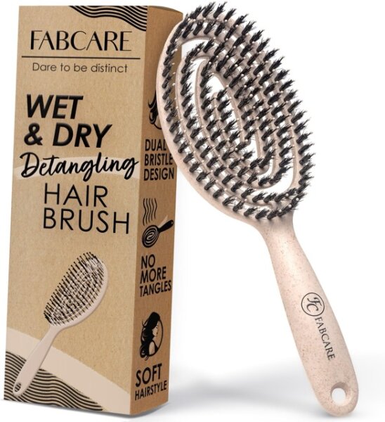 FABCARE Organic Round Hairbrush, Boar Bristles, Detangling, Double Spiral Spring, Gentle, for All Hair Types, incl. E-Book, Natural