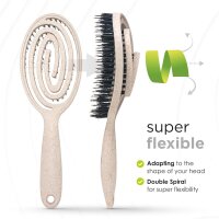 FABCARE Organic Round Hairbrush, Boar Bristles, Detangling, Double Spiral Spring, Gentle, for All Hair Types, incl. E-Book, Natural