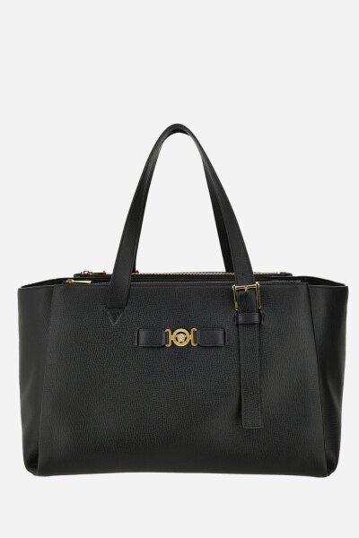 Versace tote bag, calfskin leather, black, 48x31x28 cm, elegant handbag with logo detail