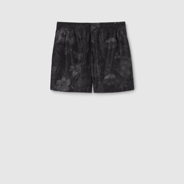 GUCCI 864393 XHALM Swim Shorts, Size 52, Nylon, Floral Print, Black/Multicoloured