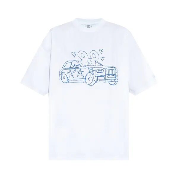VETEMENTS Unisex T-Shirt, Size L, White, Scribbled Car Print, Model 7034, Oversized, Cotton