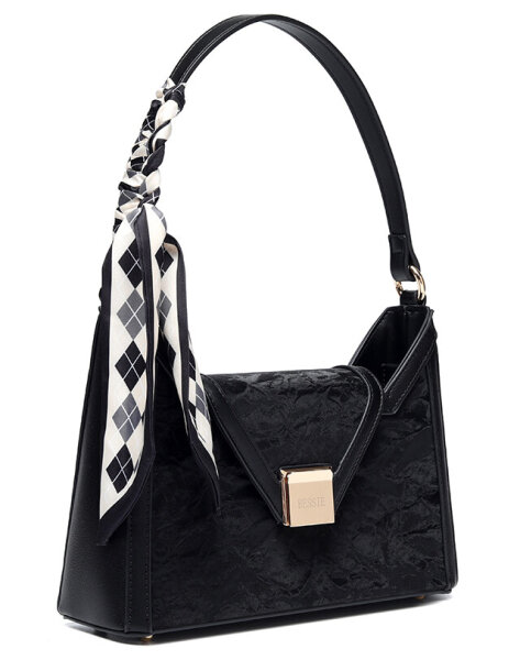 Bessie London BB6654 Velvet Shoulder and Crossbody Bag with Scarf, Black, 27 × 19 × 7 cm