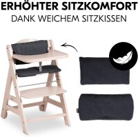 Hauck Beta+ Hochstuhl aus Holz - Set mit Rollen, 6 Monate–90 kg, Sitzkissen, Essbrett, Schutzbügel, Schrittgurt, 5-Punkt-Gurt, 8-fach höhenverstellbar, Weiß lasiert