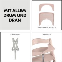 Hauck Beta+ Hochstuhl aus Holz - Set mit Rollen, 6 Monate–90 kg, Sitzkissen, Essbrett, Schutzbügel, Schrittgurt, 5-Punkt-Gurt, 8-fach höhenverstellbar, Weiß lasiert