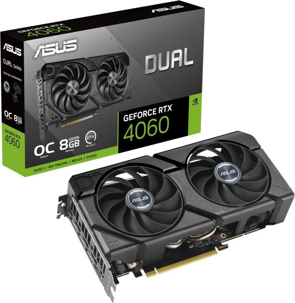 ASUS Dual GeForce RTX 4060 EVO OC Edition Graphics Card, 8 GB GDDR6, PCIe 4.0, DLSS 3, HDMI 2.1a, DisplayPort 1.4a, Axial-tech fan design, 0dB technology, BIOS, Auto-Extreme technology, 90YV0JC7-M0NA00