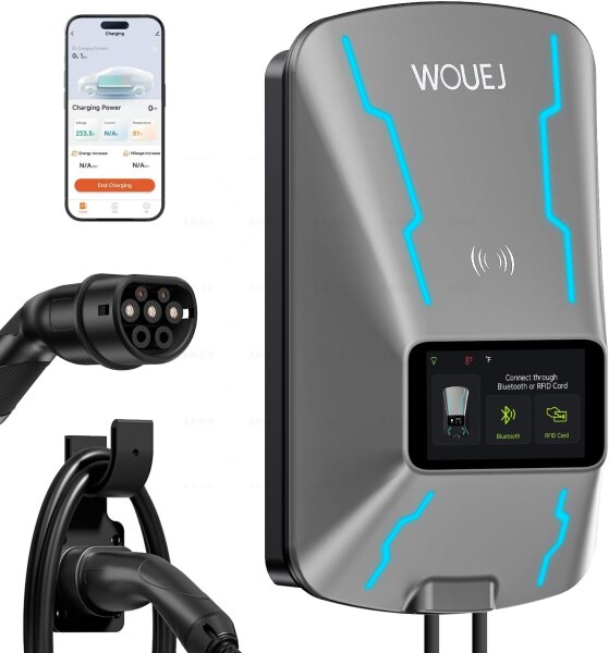 WOUEJ-W3 Wallbox EV-Ladestation 32A Type 2, 7 kW, 5 m Kabel, LCD, RFID, App WiFi/BT, IP66, CE/TÜV, All EVs