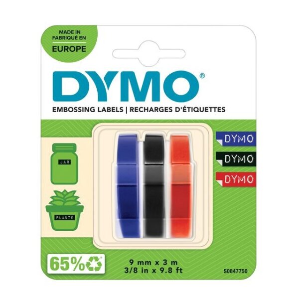 DYMO 2137631 EU Embossed Tape Labels 9 mm x 3 m Red/Blue/Black