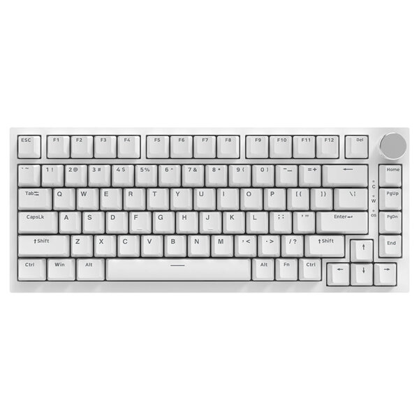 AJAZZ AK820, mechanical gaming keyboard, QWERTY-US layout, 82 keys, hot-swappable blue switches, gasket mount, blue backlighting, Poron foam, PBT keycaps, white