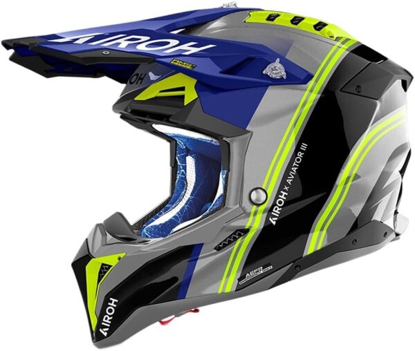 AIROH Aviator 3 Hima, Cross Motorradhelm, Größe S (Max 30°) HPC Carbon, ECE 2206, Grau Blau Fluogelb