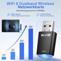 WiFi6 AX900, USB 2.0 Wireless Network Adapter, Dual Band, 2.4 GHz 5 GHz, 802.11AX