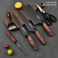 LUCKY LK-WS10, 6-teiliges Küchenmesser-Set, Hackmesser, Kochmesser, Tranchiermesser, Universalmesser, Keramikschäler, geschmiedeter Edelstahl, ergonomischer Holzgriff, Schwarz