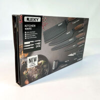LUCKY LK-WS10, 6-teiliges Küchenmesser-Set, Hackmesser, Kochmesser, Tranchiermesser, Universalmesser, Keramikschäler, geschmiedeter Edelstahl, ergonomischer Holzgriff, Schwarz