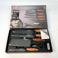 LUCKY LK-WS10, 6-teiliges Küchenmesser-Set, Hackmesser, Kochmesser, Tranchiermesser, Universalmesser, Keramikschäler, geschmiedeter Edelstahl, ergonomischer Holzgriff, Schwarz