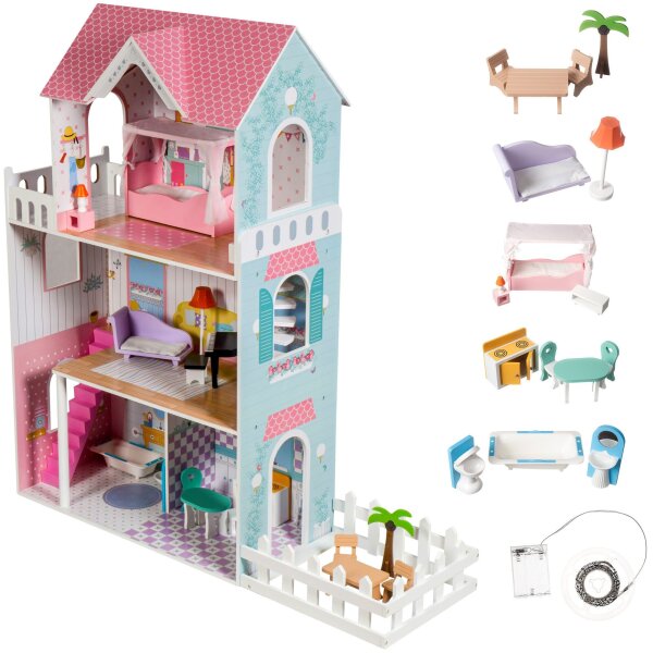 MAMABRUM W06A379 XXL Wooden Dollhouse, 123 cm, 3 Floors, LED, Terrace, Garden, Furniture