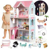 MAMABRUM W06A379 XXL Wooden Dollhouse, 123 cm, 3 Floors, LED, Terrace, Garden, Furniture
